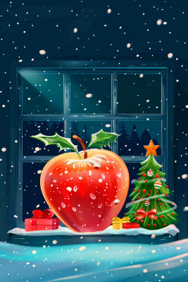 冬天寒冷的白雪红苹果屋窗户夜晚平安夜卡通插画背景 冬天寒冷的白雪红苹果屋窗户夜晚平安夜卡通插画背景