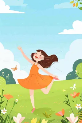 蓝天白云草坪翩翩起舞的小女孩儿童节卡通插画背景 蓝天白云草坪翩翩起舞的小女孩儿童节卡通插画背景
