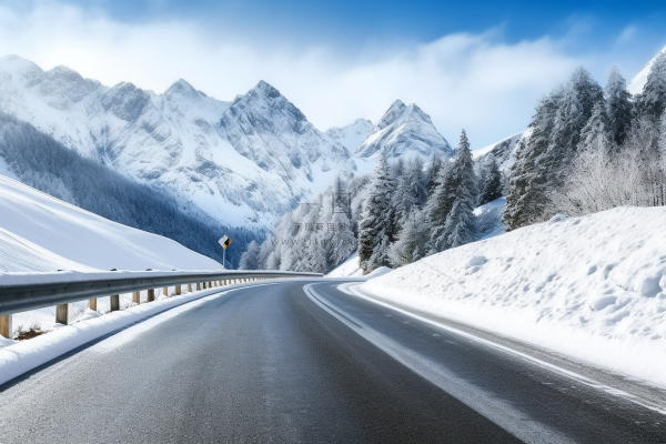 冬季雪山森林雾凇公路道路摄影图