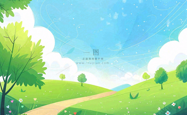 春日风景草地蓝天白云背景立春春分节气绿色卡通插画背景
