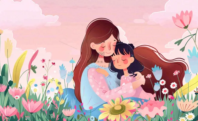 母亲节妈妈亲情抱着孩子鲜花光辉插画背景