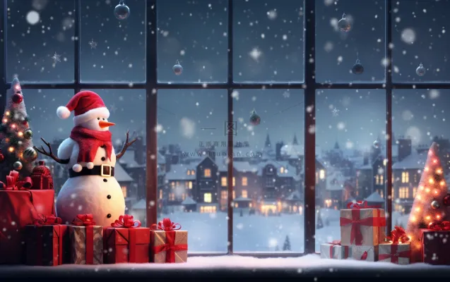 圣诞装饰喜庆礼物红色窗外下雪摄影图