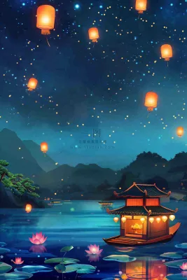 夜晚点灯孔明灯祈福中元节寒衣节插画背景