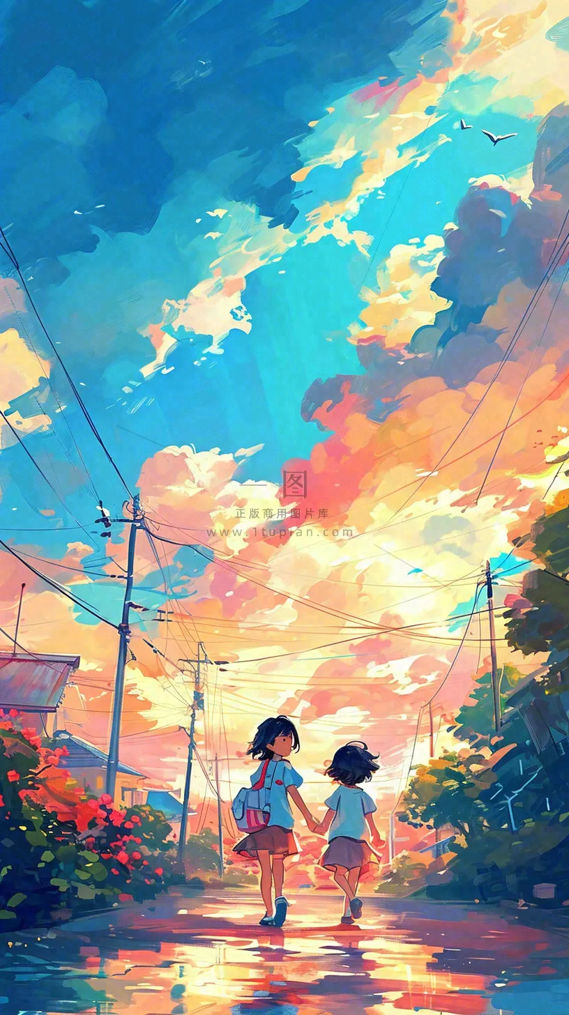 清新蓝天白云儿童路边行走手绘插画,花丛草地植物
