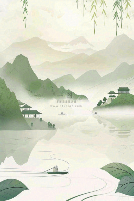 水墨画山水小船绿水青山清明端午插画背景