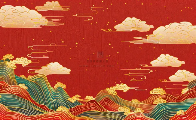 红色国潮风山川祥云喜庆元旦插画背景