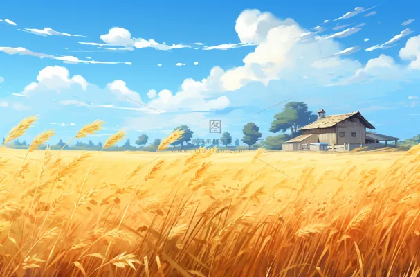 秋天成熟的金黄麦田稻田卡通插画素材图