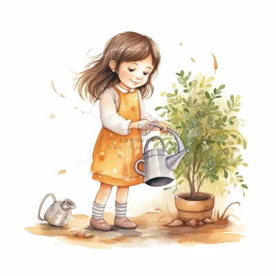 春夏小女孩在给绿植浇水插画海报素材背景