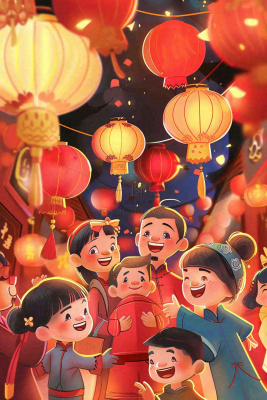 新年热闹的街道张灯结彩红色喜庆背景