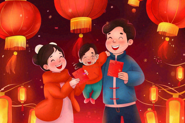 新年春节一家人出游红灯笼红包除夕元宵节红色卡通插画背景
