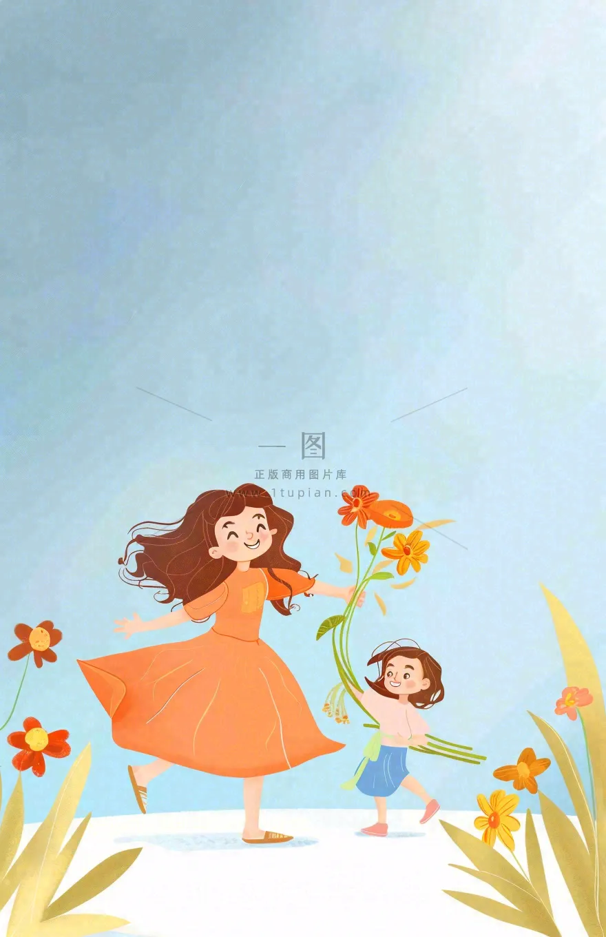母亲节给妈妈送花的孩子亲情温馨插画背景