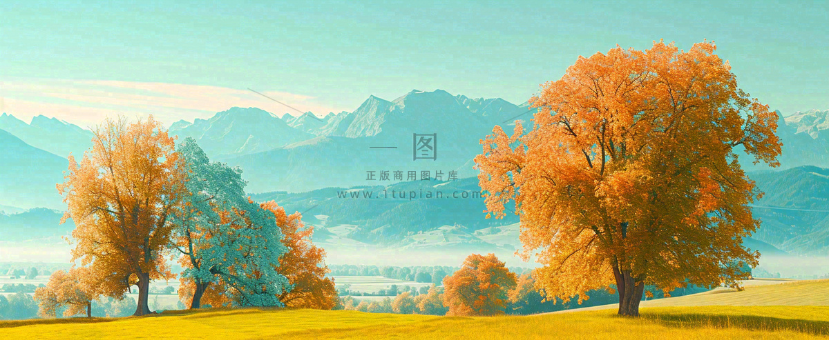 秋天山脉秋叶树木,秋分摄影图