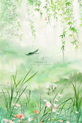 春天春暖花开柳树燕子草丛春游踏青立春惊蛰春分水彩插画背景