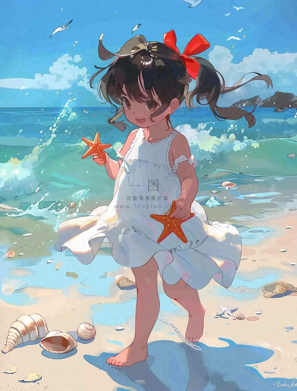 夏日蓝色海边沙滩女孩捡贝壳海鲜户外活动小暑大暑处暑卡通插画背景