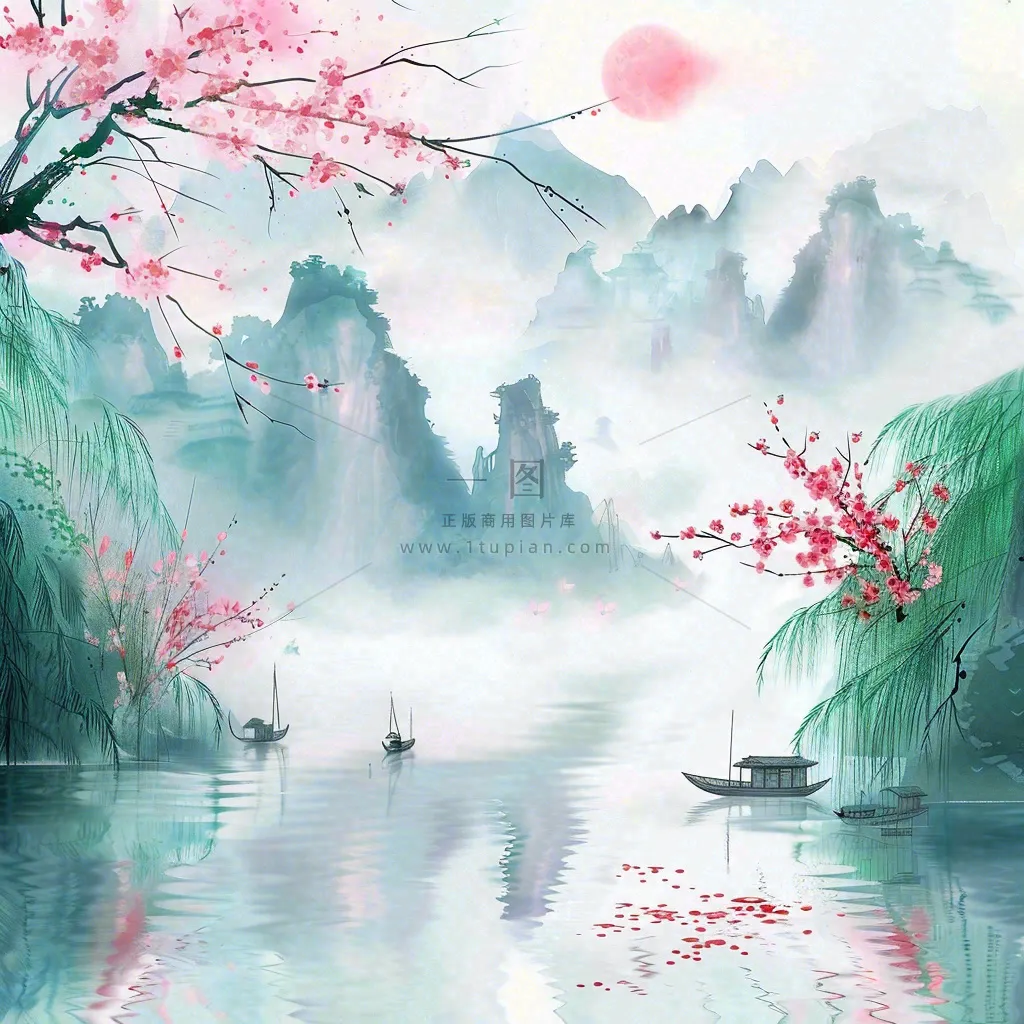 水墨江南山水画桃花青山春分清明惊蛰节气背景
