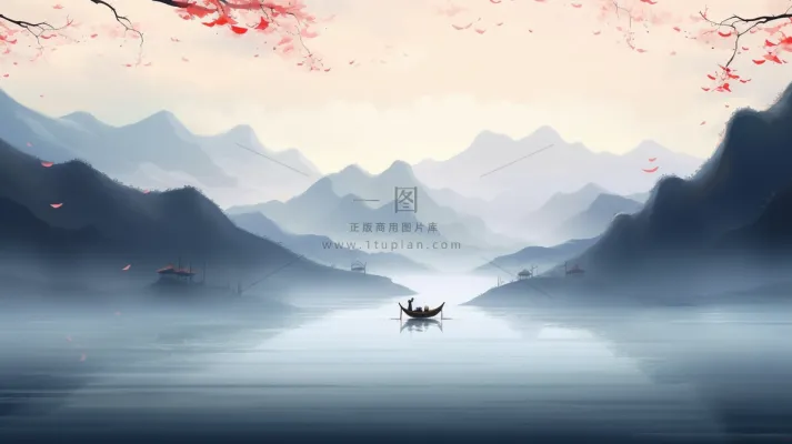 春天桃花渔船山水画水墨插画背景