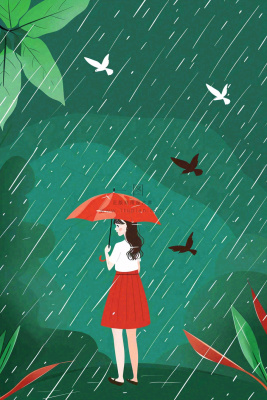 春天梅雨季红色女孩打雨伞户外绿色植物雨水谷雨卡通插画背景