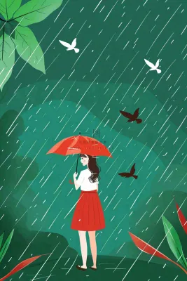 春天梅雨季红色女孩打雨伞户外绿色植物雨水谷雨卡通插画背景
