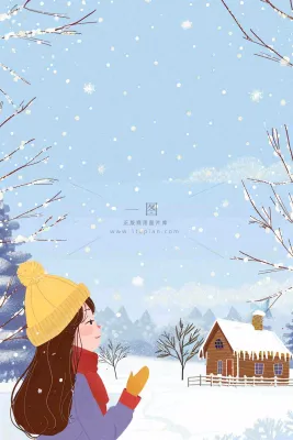 冬天白雪森林小木屋女孩赏雪风景帽子手套立冬冬至小雪大雪唯美卡通插画背景 冬天白雪森林小木屋女孩赏雪风景帽子手套立冬冬至小雪大雪唯美卡通插画背景