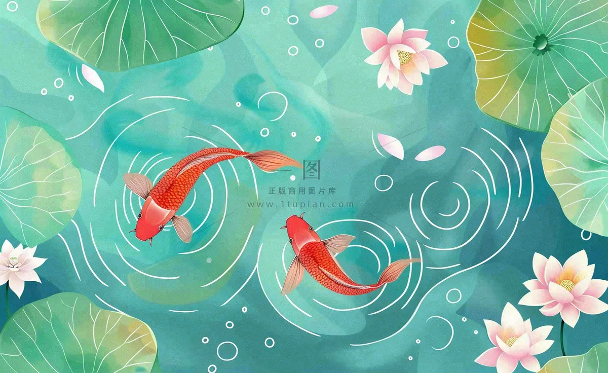 夏天荷花夏日荷塘背景水彩睡莲荷叶锦鲤鱼水彩立夏夏至大暑小暑卡通插画背景
