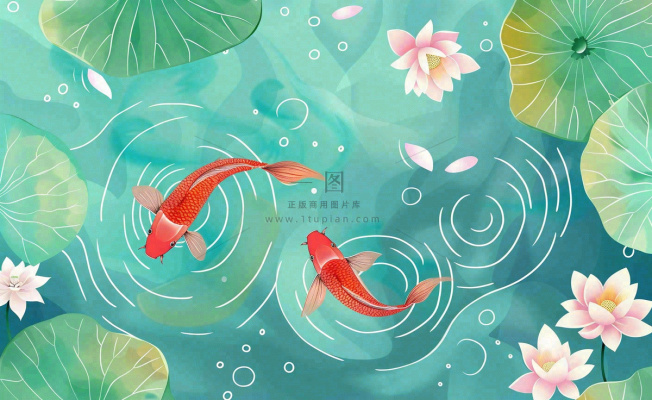 夏天荷花夏日荷塘背景水彩睡莲荷叶锦鲤鱼水彩立夏夏至大暑小暑卡通插画背景 夏天荷花夏日荷塘背景水彩睡莲荷叶锦鲤鱼水彩立夏夏至大暑小暑卡通插画背景