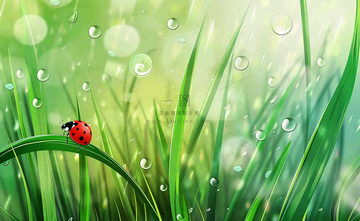 惊蛰雨水谷雨春天瓢虫昆虫绿色嫩草下雨天卡通插画背景