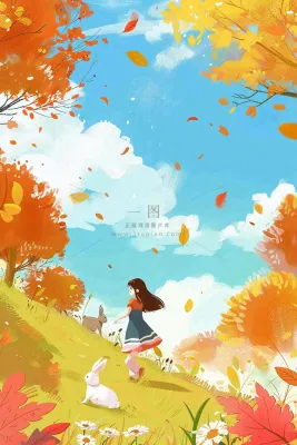 秋天秋意浓森林公园女孩白兔金黄树木草丛蓝天白云立秋秋分卡通插画背景