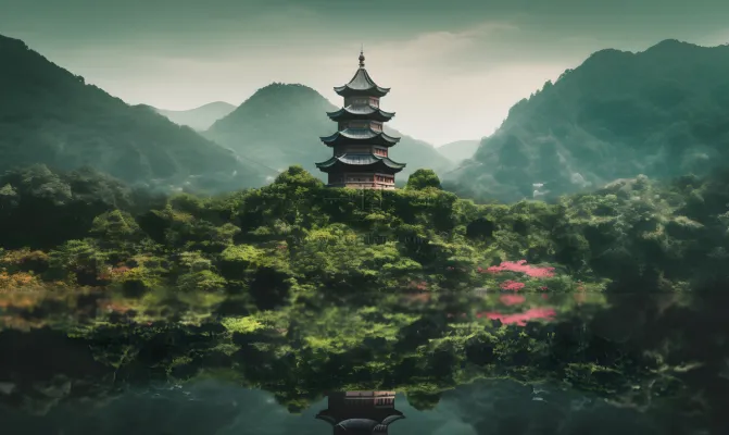 倒影水中的宝塔背后的树木山景风格摄影图