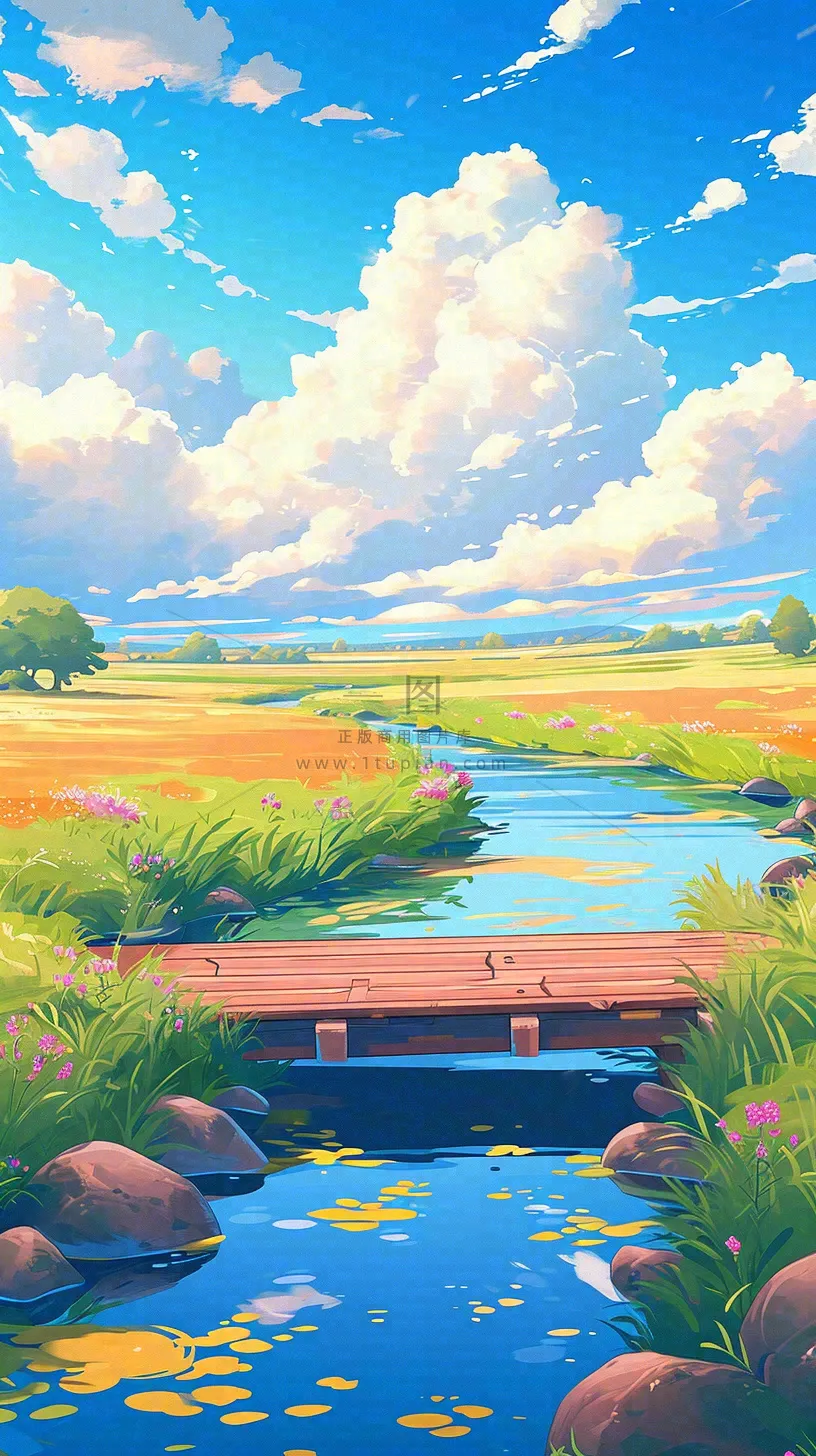 春天草坪河流小溪蓝天白云清新阳光手绘插画，立春春分