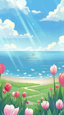春天海边晴天蓝天白云郁金香春分插画背景