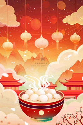 元宵节汤圆节日灯笼红色喜庆插画背景