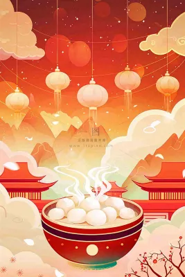 元宵节汤圆节日灯笼红色喜庆插画背景