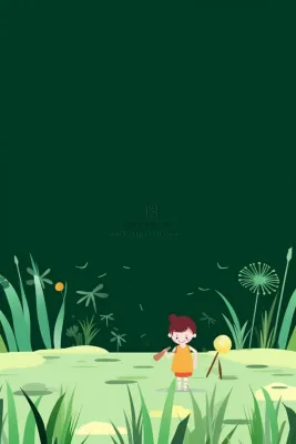 绿色少儿女孩草地手绘背景