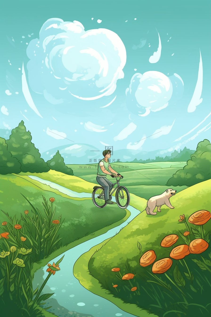 春游骑自行车的人风吹草地鲜花绿叶盛开卡通插画背景