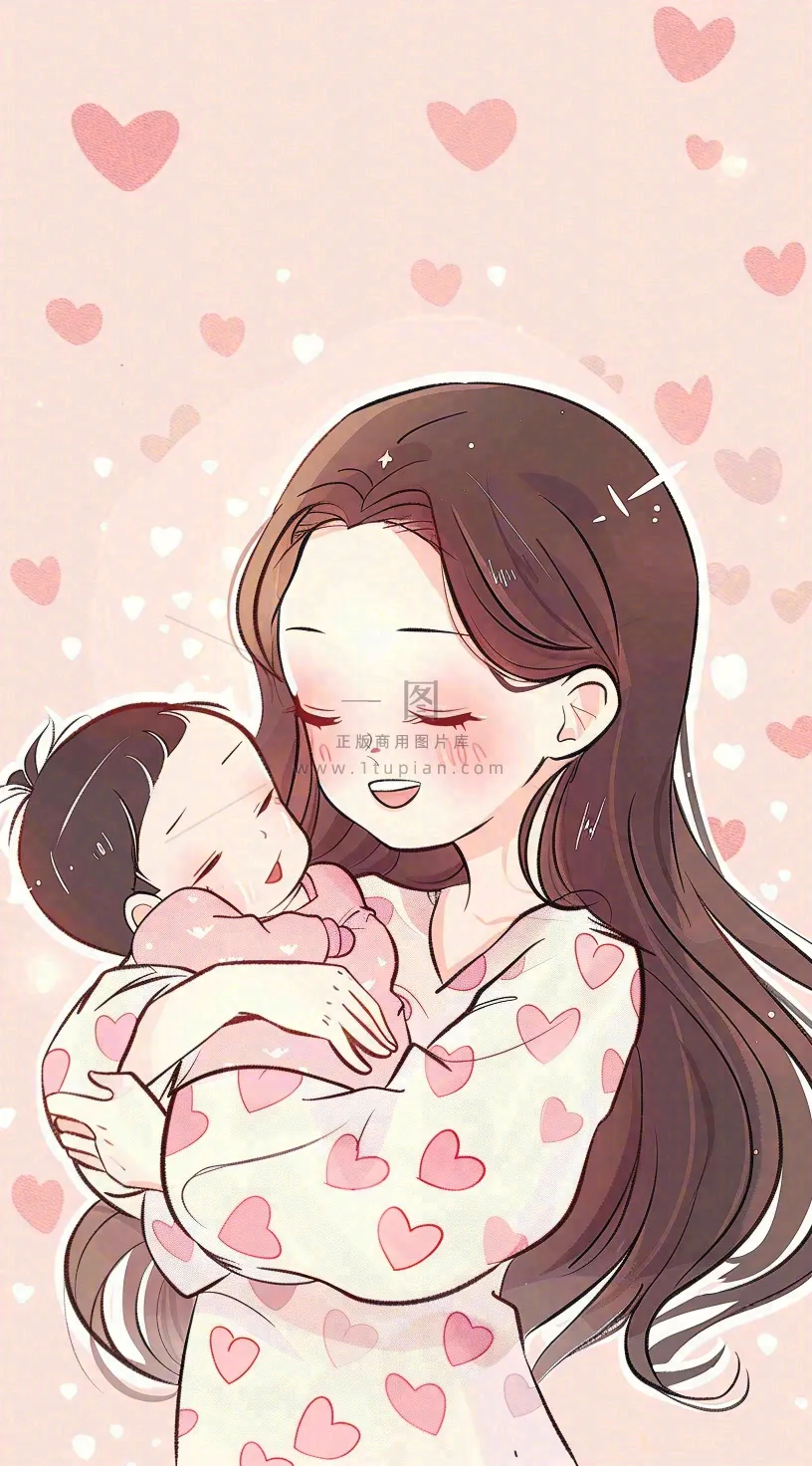 母亲节妈妈亲情抱着孩子鲜花光辉插画背景