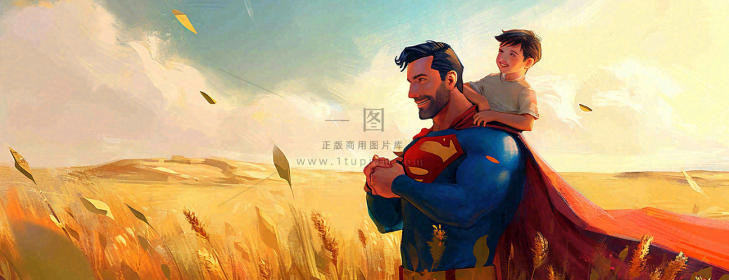 秋天麦田里的超人爸爸,父亲节父爱温馨,陪伴孩子插画 秋天麦田里的超人爸爸,父亲节父爱温馨,陪伴孩子插画