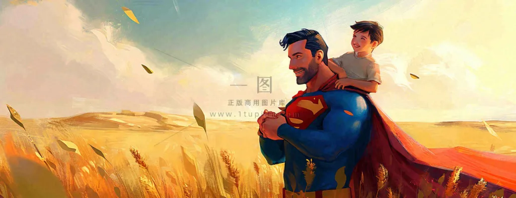 秋天麦田里的超人爸爸,父亲节父爱温馨,陪伴孩子插画 秋天麦田里的超人爸爸,父亲节父爱温馨,陪伴孩子插画
