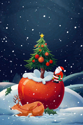 冬天雪地里的红苹果圣诞树圣诞老人童话平安夜圣诞节卡通插画背景 冬天雪地里的红苹果圣诞树圣诞老人童话平安夜圣诞节卡通插画背景