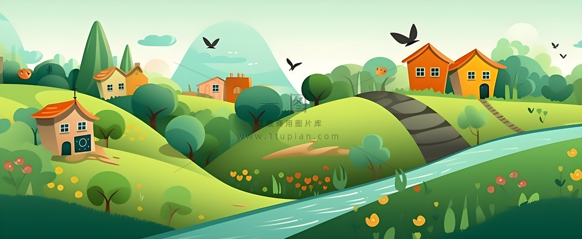 春夏森林山坡草地花草鸟绿植风景插画海报素材背景