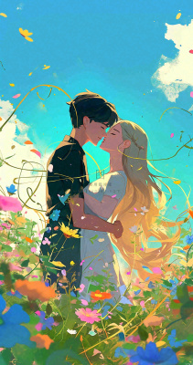 蓝天白云下情侣拥抱亲吻爱情，鲜花小草，情清新人节