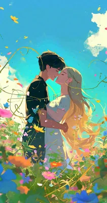 蓝天白云下情侣拥抱亲吻爱情，鲜花小草，情清新人节