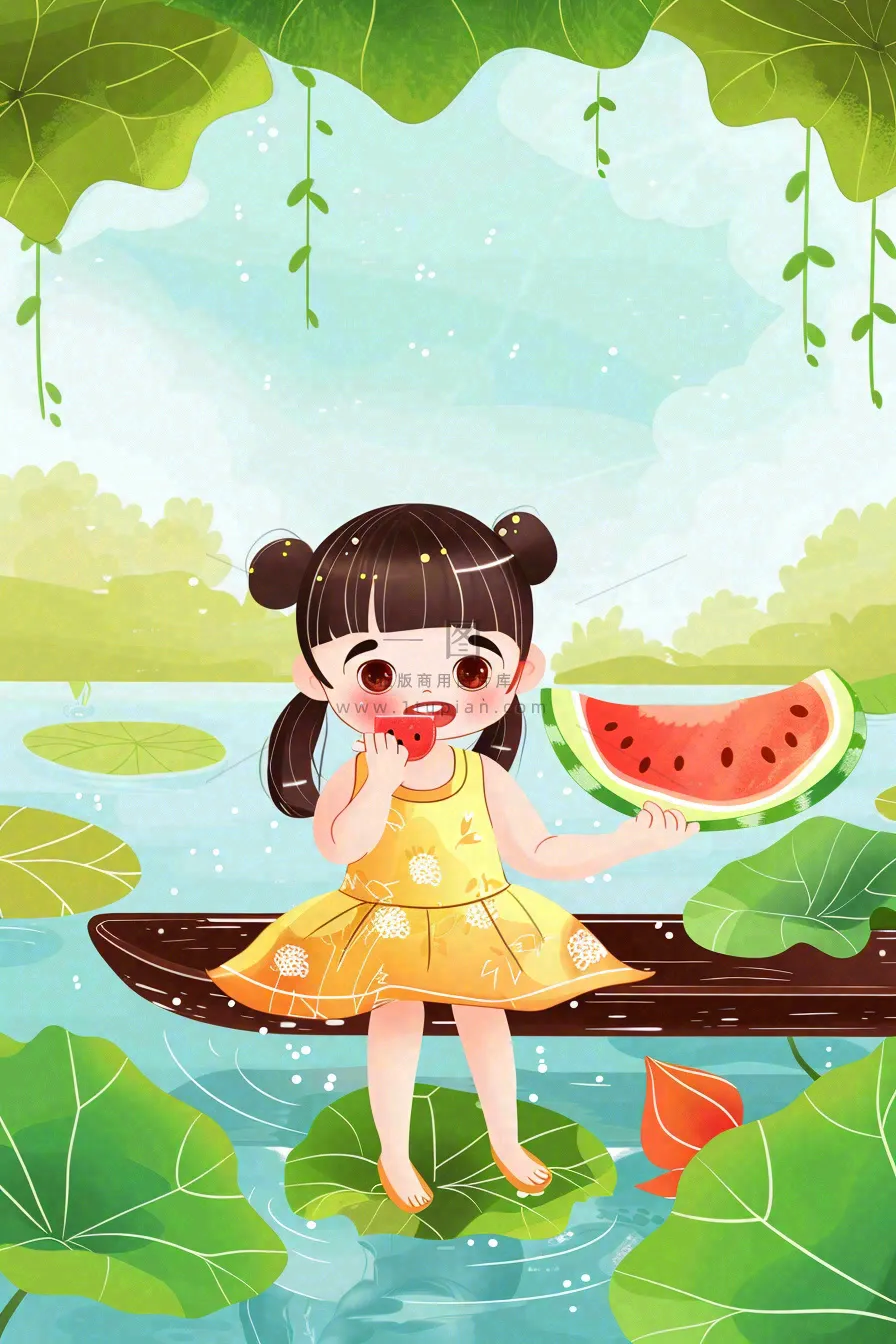 夏天荷花湖木桥上吃西瓜的女孩清凉立夏夏至大暑小暑卡通插画背景