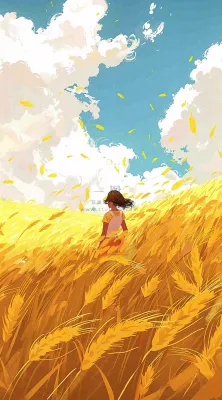 秋天金色麦田女孩蓝天秋收立秋秋分处暑芒种插画背景 秋天金色麦田女孩蓝天秋收立秋秋分处暑芒种插画背景