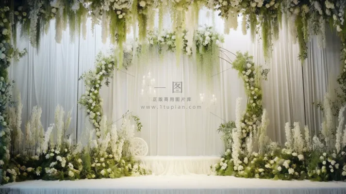 白色鲜花婚礼布置现场背景板摄影图