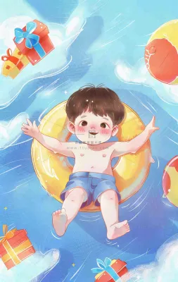 游泳池躺着游泳圈上的儿童创意儿童节卡通插画背景 游泳池躺着游泳圈上的儿童创意儿童节卡通插画背景