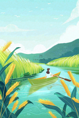 春天小麦田里的河流女孩坐船小麦麦穗小满芒种惊蛰卡通插画背景 春天小麦田里的河流女孩坐船小麦麦穗小满芒种惊蛰卡通插画背景