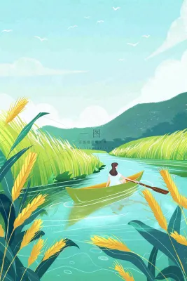 春天小麦田里的河流女孩坐船小麦麦穗小满芒种惊蛰卡通插画背景 春天小麦田里的河流女孩坐船小麦麦穗小满芒种惊蛰卡通插画背景