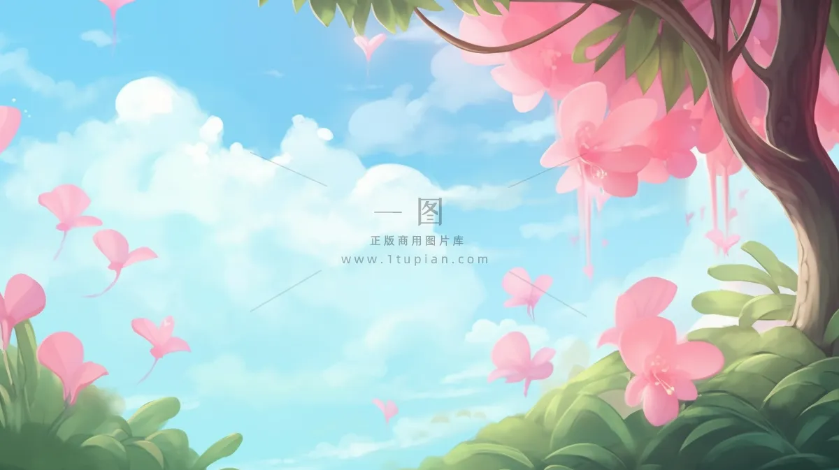 蓝天白云粉色花树花瓣卡通插画素材
