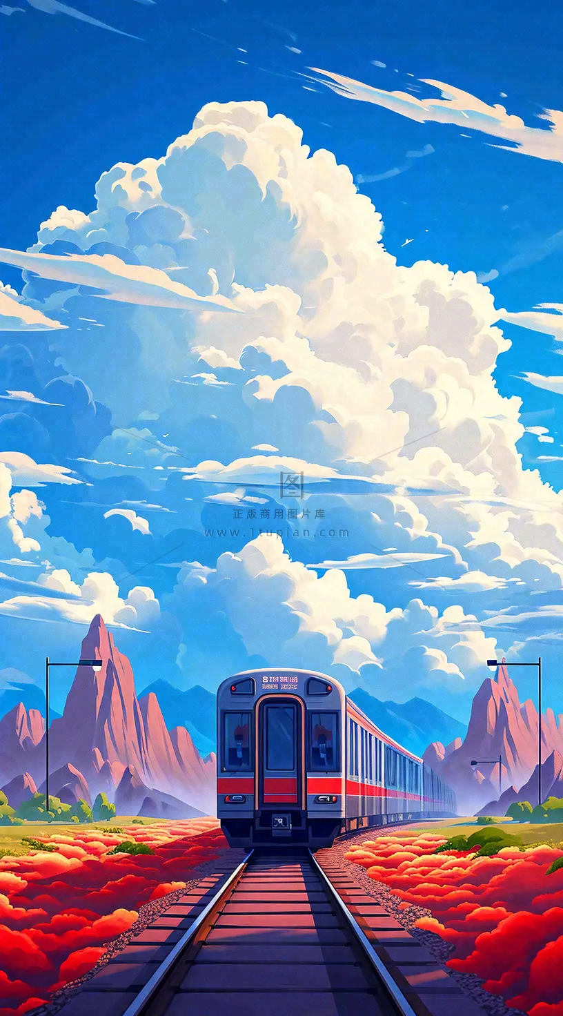 蓝天白云交通高铁铁路火车，草坪鲜花彩色插画