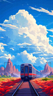 蓝天白云交通高铁铁路火车,草坪鲜花彩色插画 蓝天白云交通高铁铁路火车,草坪鲜花彩色插画